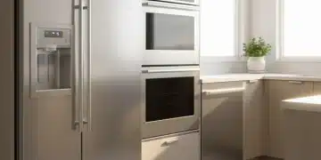 Modern kitchen with well-maintained appliances, sparkling clean and organized, symbolizing extended appliance life.