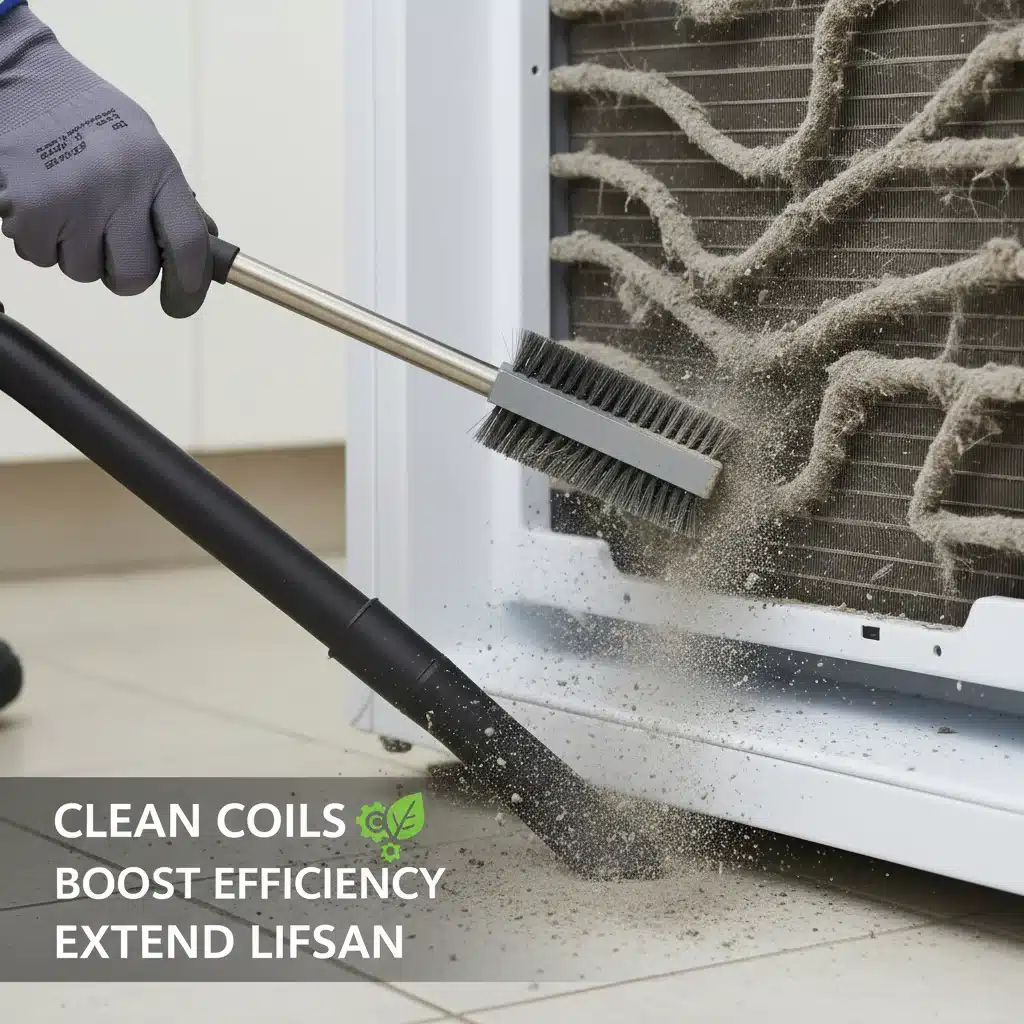 Cleaning refrigerator condenser coils with a brush and vacuum for improved efficiency and extended life.