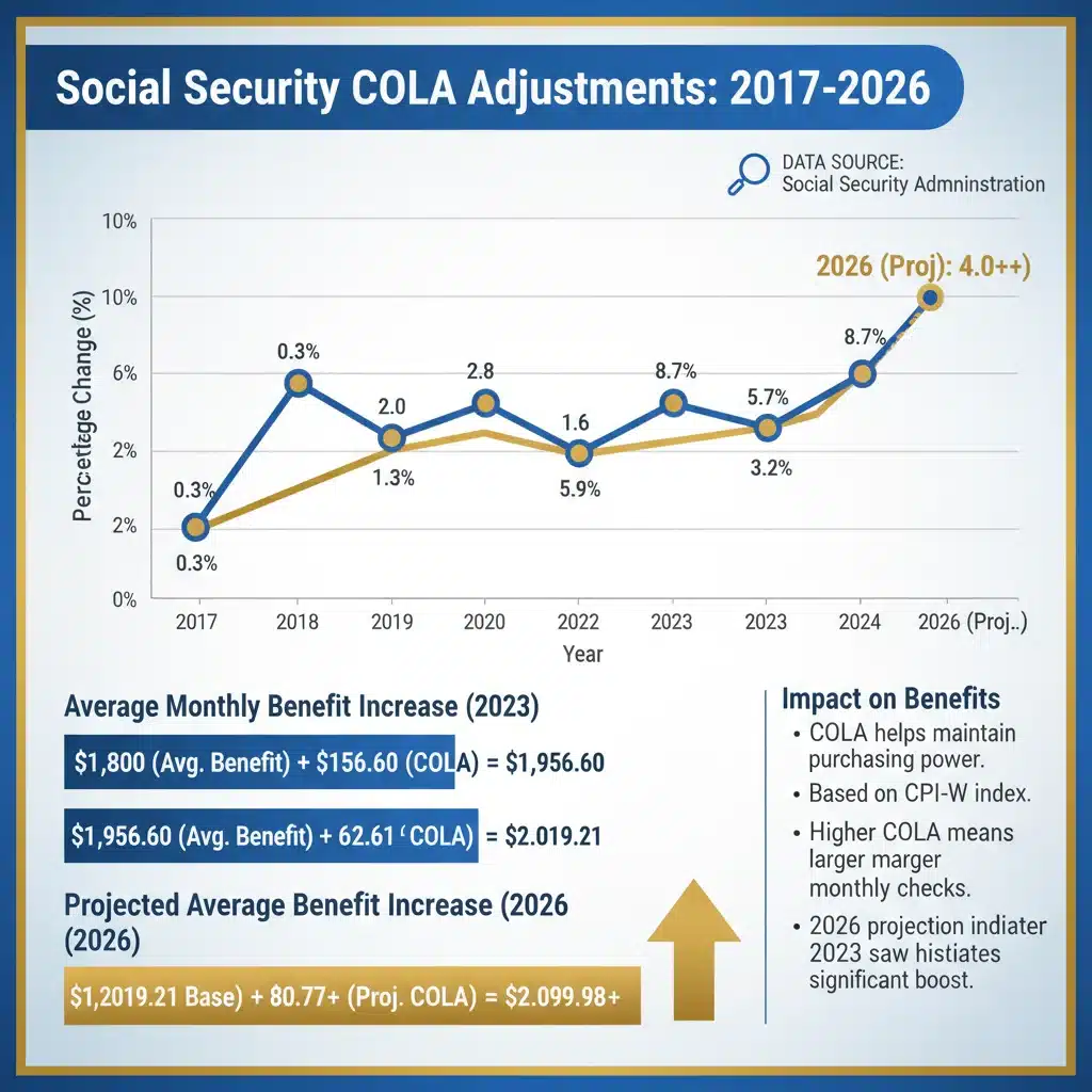 Chart showing historical and projected Social Security COLA adjustments.