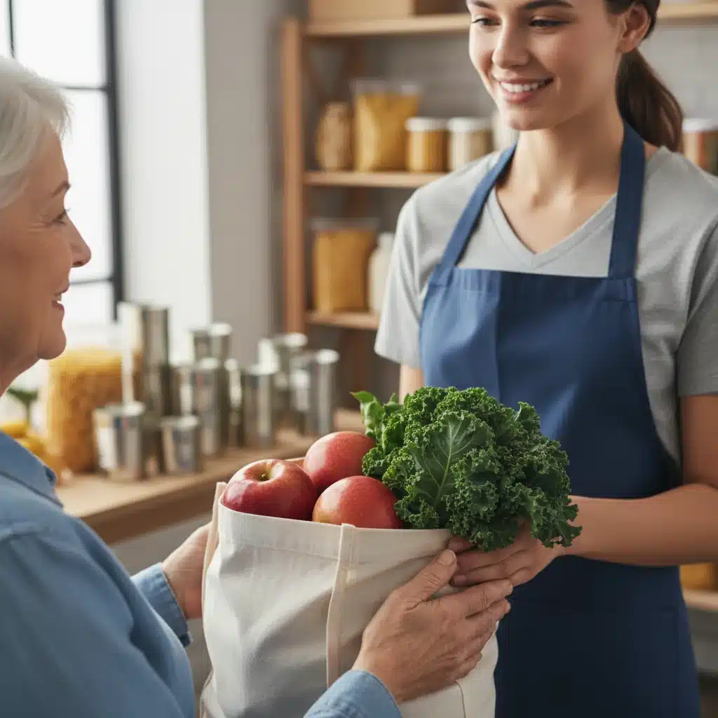 Volunteer handing fresh produce to an elderly woman at a food bank, symbolizing direct aid and compassion.