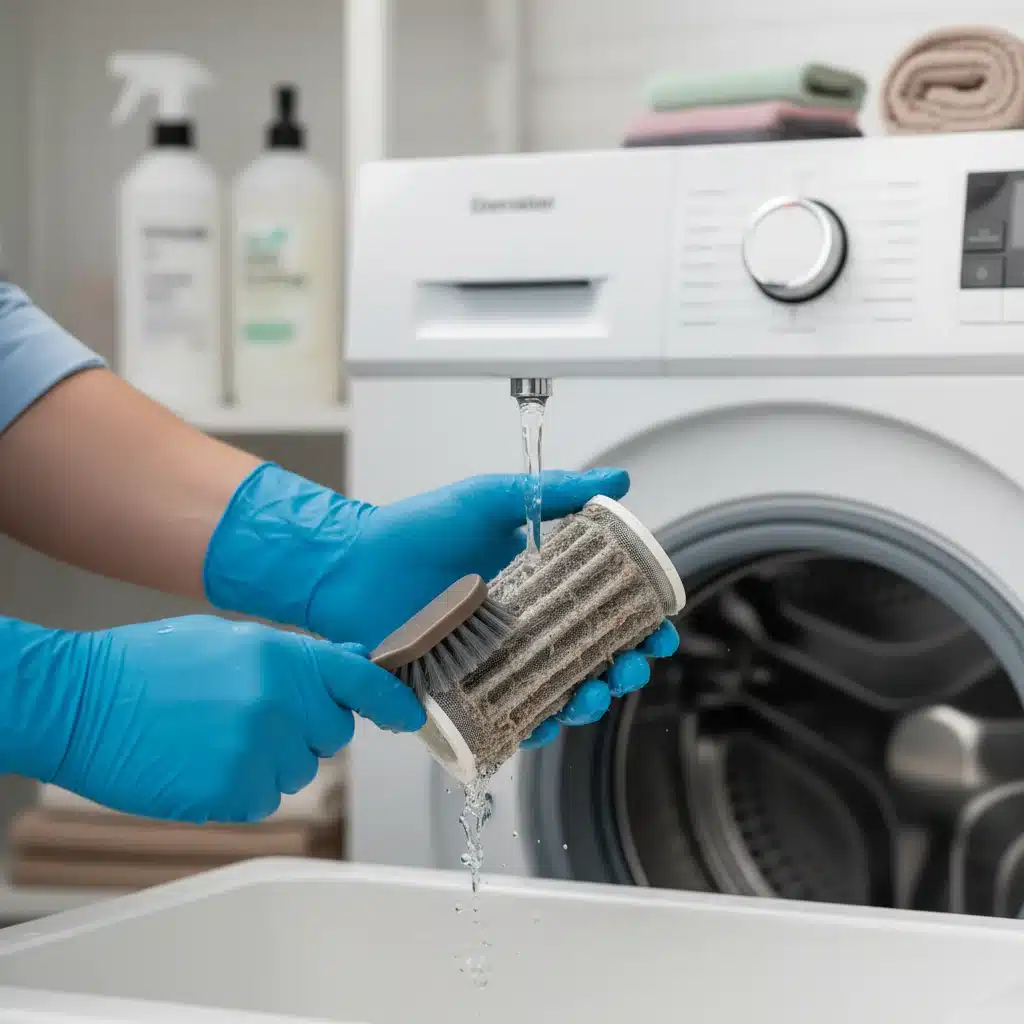 Hands cleaning a washing machine filter, demonstrating essential appliance maintenance for longevity.