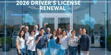 People at DMV renewing driver's licenses for 2026, with state law information.