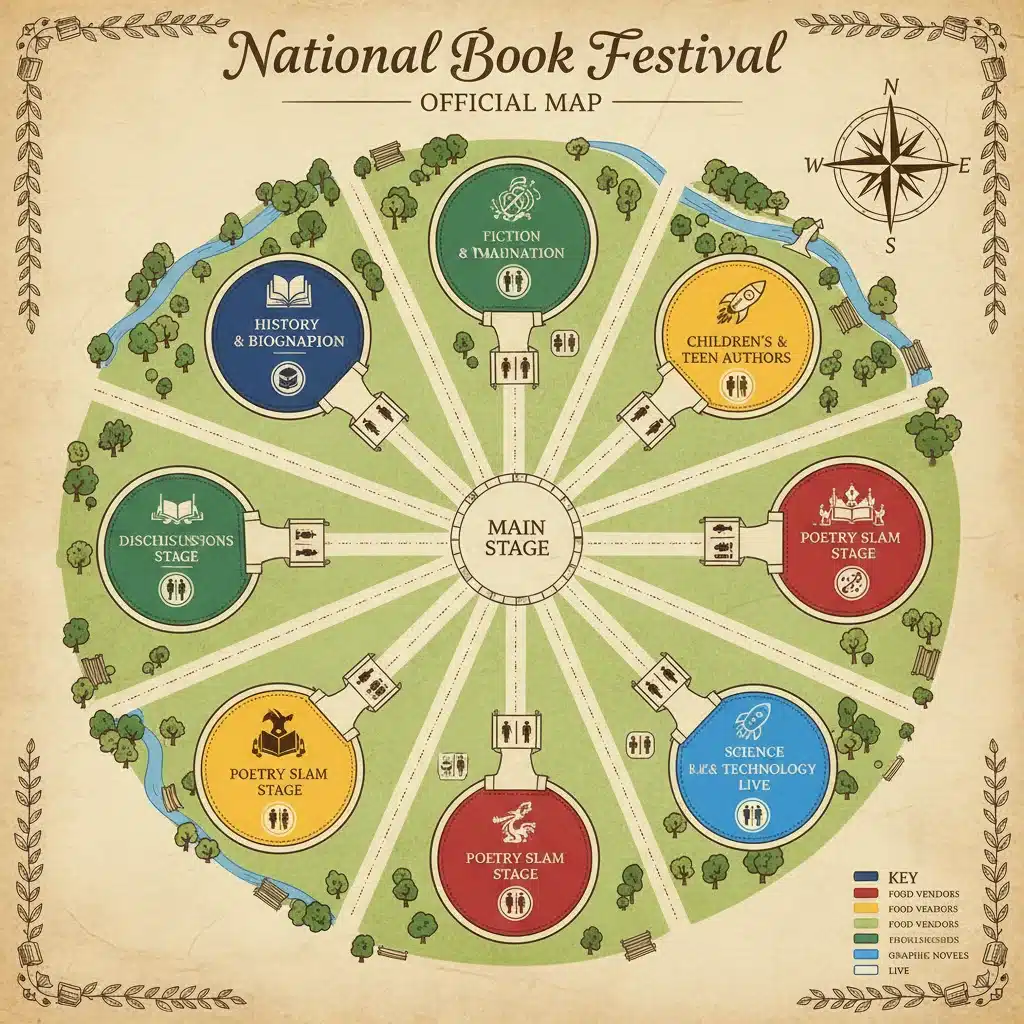 Detailed map showing the layout of the National Book Festival pavilions and amenities for easy navigation.