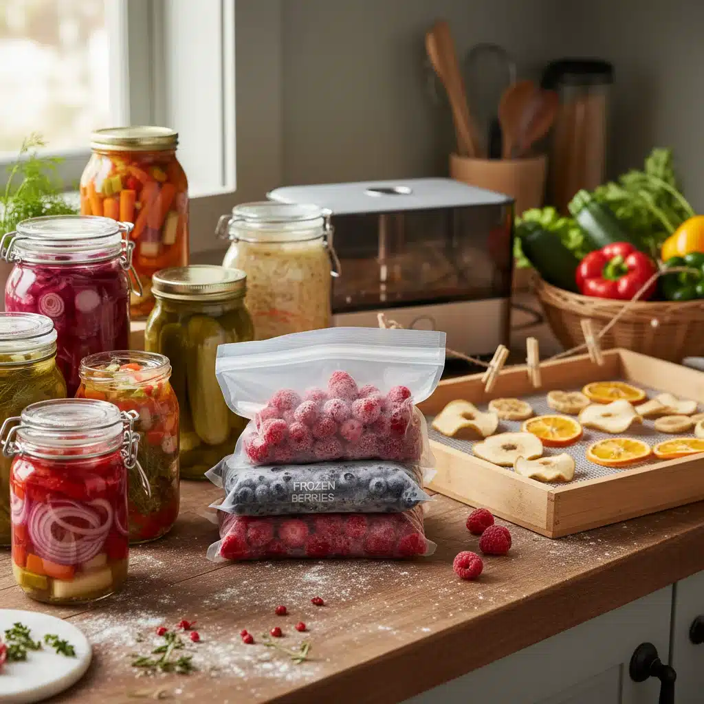 Assortment of preserved foods: pickled, frozen, and dehydrated