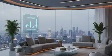 Futuristic living room with integrated smart home devices showing efficiency and comfort.