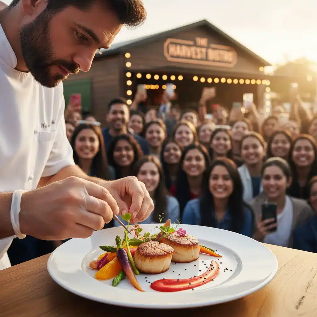Chef plating gourmet dish at outdoor food festival