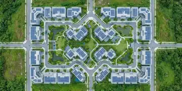 Aerial view of a futuristic smart home community with geometric solar panels, green spaces, and autonomous delivery drones, showcasing sustainable daily living.