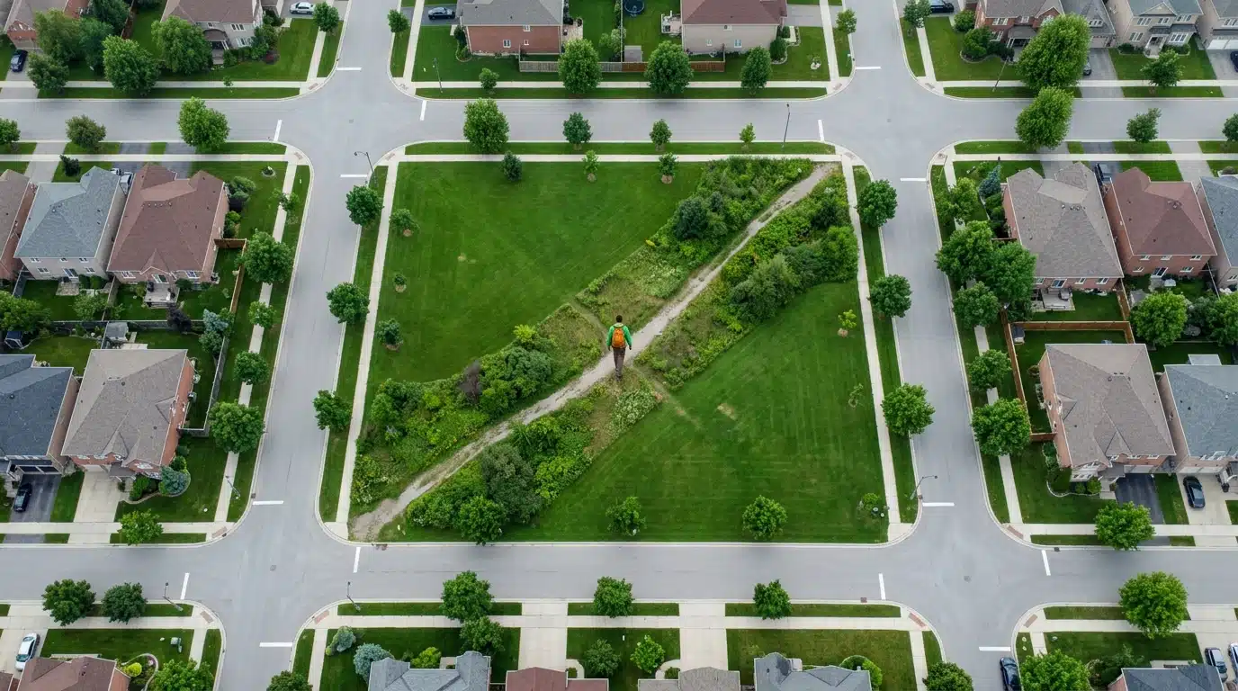 Aerial view of a modern suburban community with a person walking on a hidden path through a park, symbolizing discovery of overlooked resources.