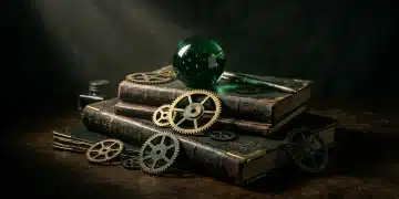 A still life photograph depicting stacked, worn leather financial ledgers and interconnected brass gears under dramatic, single-source lighting, symbolizing advanced financial ecosystem management for urban dwellers.