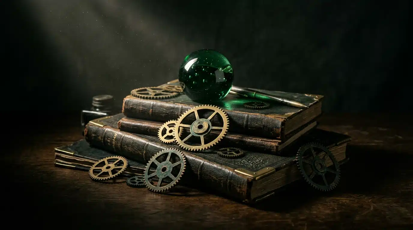 A still life photograph depicting stacked, worn leather financial ledgers and interconnected brass gears under dramatic, single-source lighting, symbolizing advanced financial ecosystem management for urban dwellers.