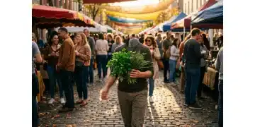 A person holding vibrant green herbs from a local vendor at a bustling outdoor street fair during golden hour, illustrating economic vitality.