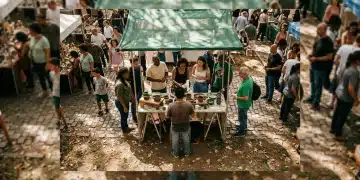 Overhead view of a bustling community market, showing diverse locals interacting with an artisan under a green awning, highlighting community engagement.