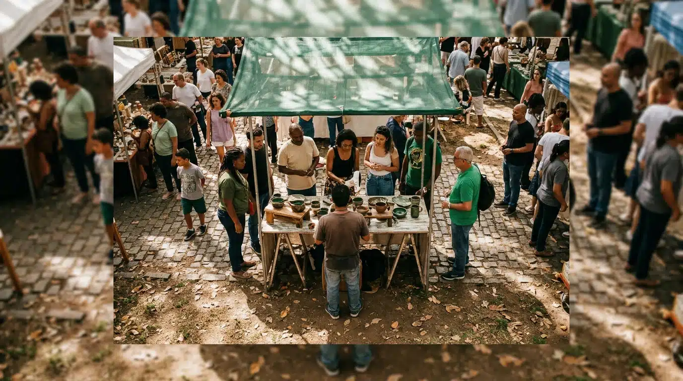 Overhead view of a bustling community market, showing diverse locals interacting with an artisan under a green awning, highlighting community engagement.