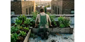 Person in a green apron tending a vibrant rooftop urban garden at sunrise, with leafy greens and herbs in reclaimed wooden beds, city skyline blurred in the background, symbolizing sustainable living and community connection.