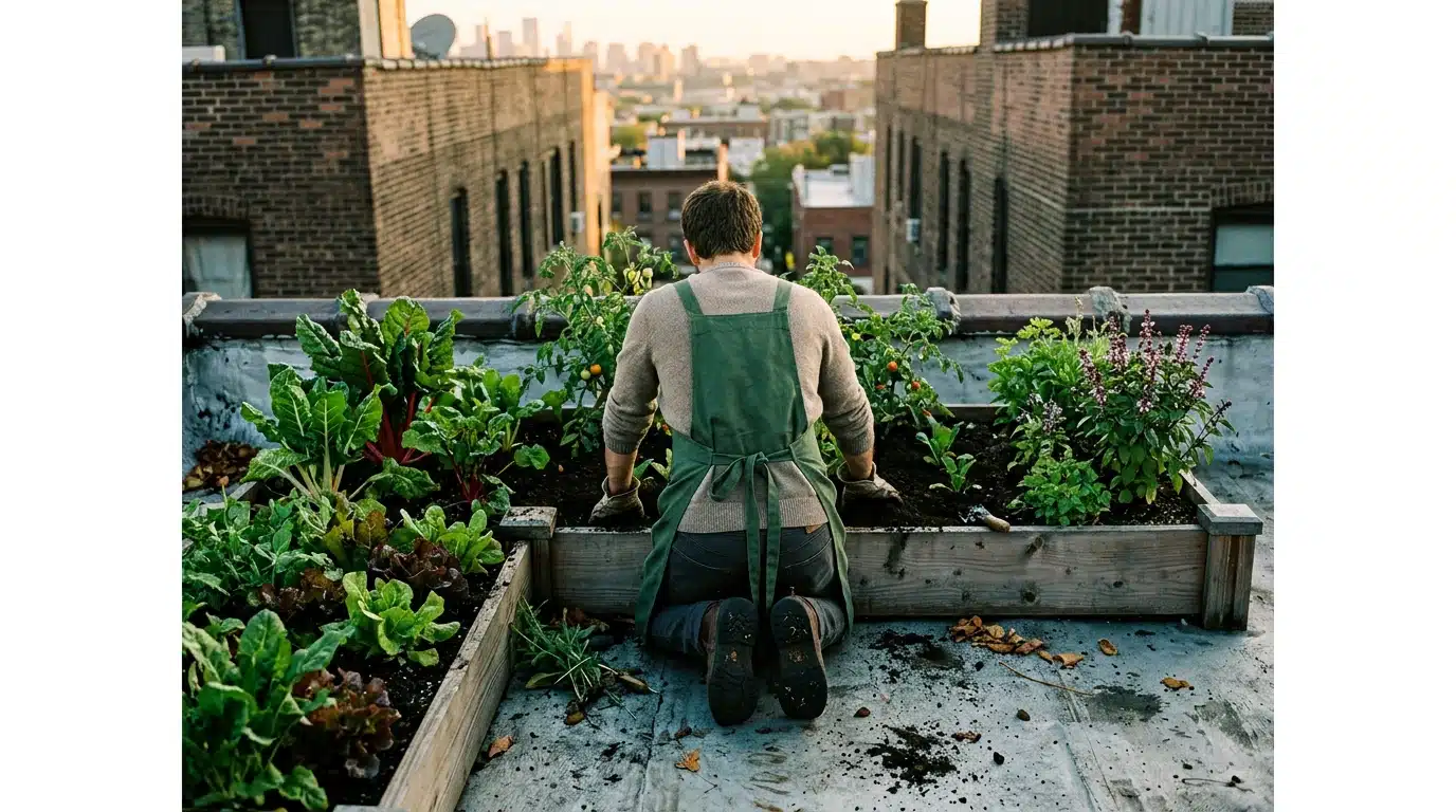 Person in a green apron tending a vibrant rooftop urban garden at sunrise, with leafy greens and herbs in reclaimed wooden beds, city skyline blurred in the background, symbolizing sustainable living and community connection.
