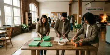 A diverse group of people engaged in affordable local community volunteer work, organizing green-themed materials for an event in a sunlit community center.