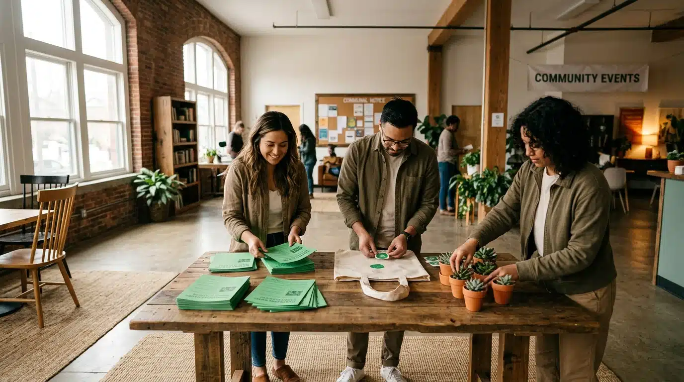 A diverse group of people engaged in affordable local community volunteer work, organizing green-themed materials for an event in a sunlit community center.