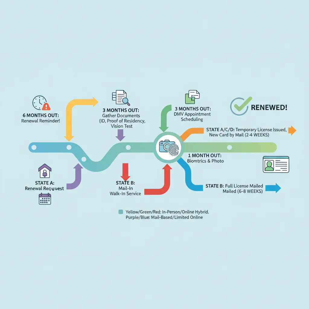 Infographic detailing driver's license renewal timeline and key steps.