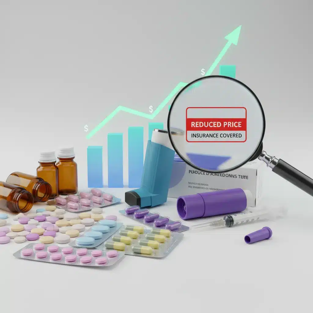 Variety of medications with visual cues indicating reduced costs through assistance