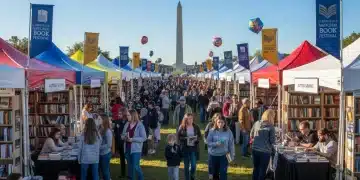 Vibrant crowd enjoying the National Book Festival on the National Mall with the Washington Monument in the background.