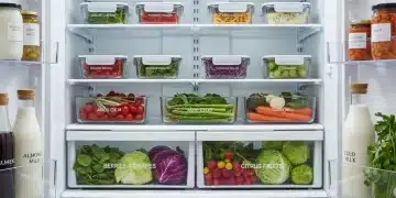 Organized refrigerator with fresh produce, reducing food waste