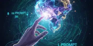 Human hand interacting with abstract AI interface, symbolizing prompt engineering