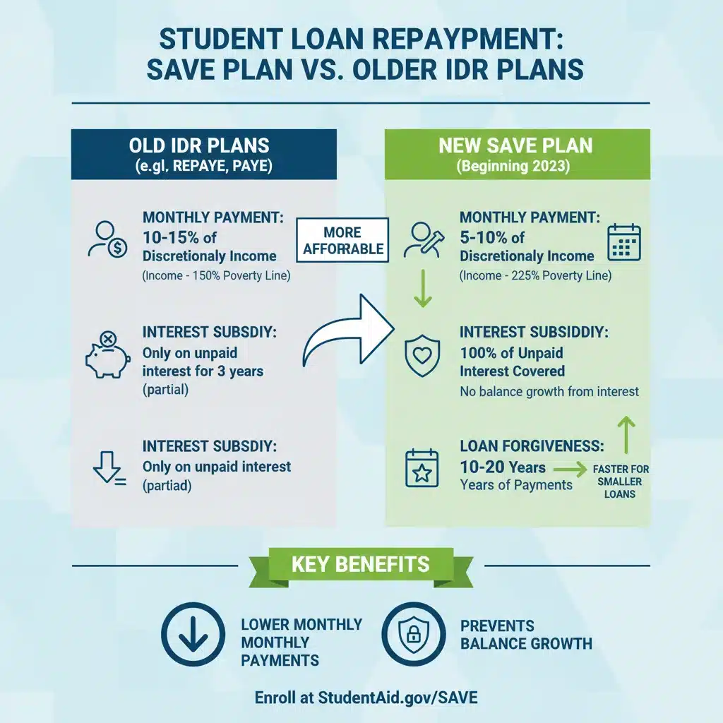 Infographic comparing SAVE plan benefits to old IDR plans