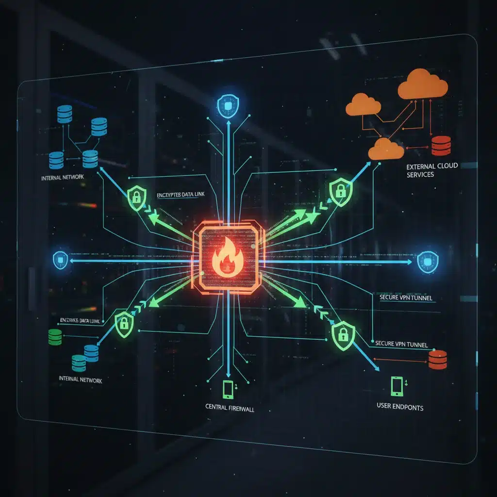 Secure network infrastructure with encrypted data pathways and a strong firewall protecting digital assets.