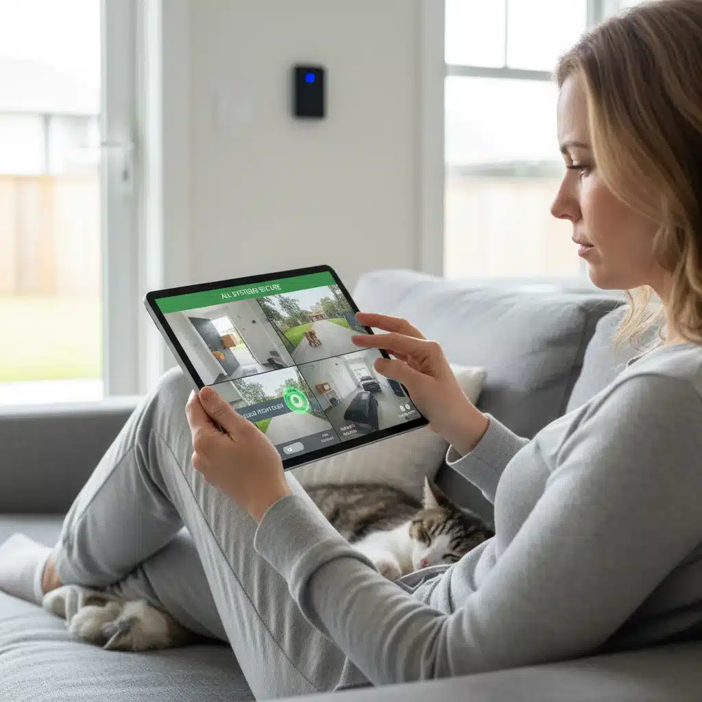 Homeowner managing smart security system on a tablet, viewing live camera feeds.