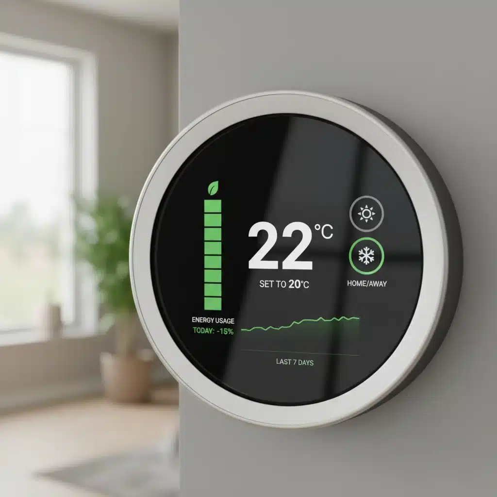 Smart thermostat displaying energy usage and temperature settings for optimized home efficiency.