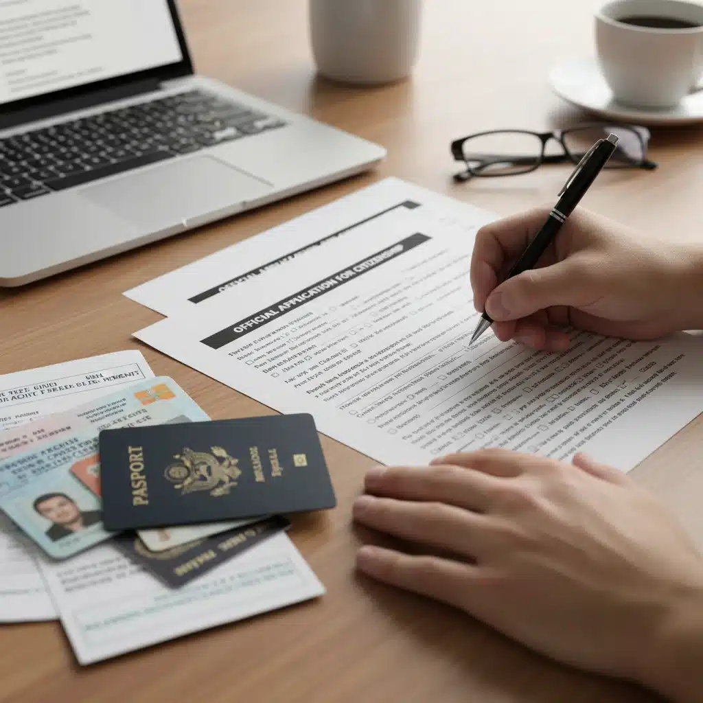 Hands filling out unemployment application form with documents