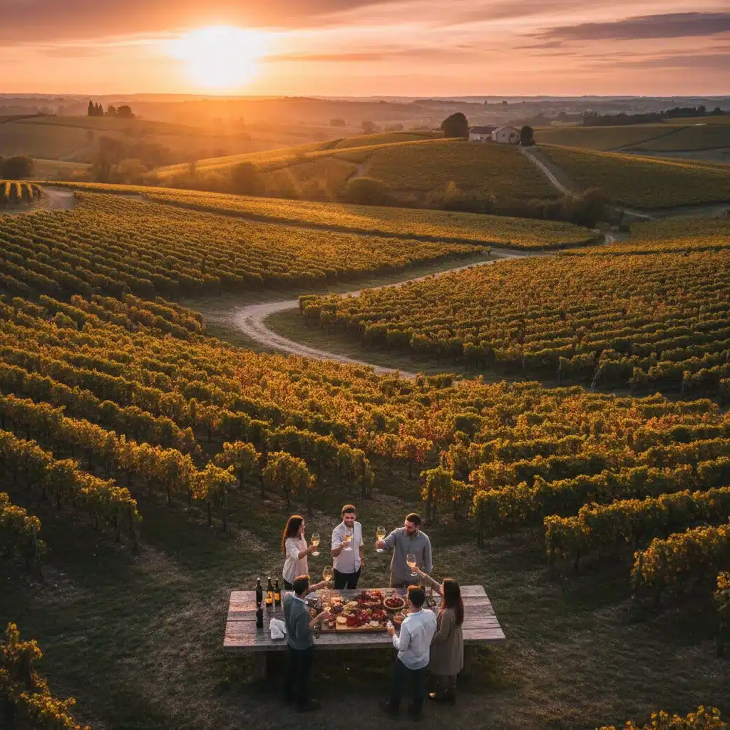 Wine tasting in a vineyard at sunset with charcuterie